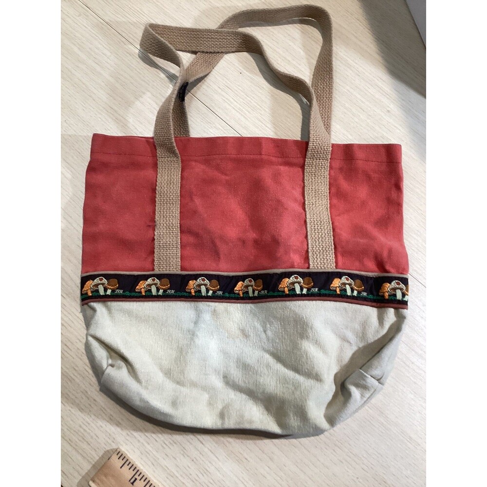 Vintage BH Red & Beige Canvas Tote With Mushrooms Ribbon Small